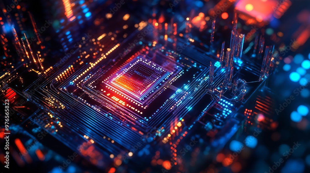 Quantum computer illuminated futuristic interface displaying data tech. AI generated Quantum computer illuminated futuristic interface displaying data tech. AI generated