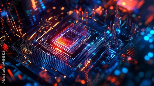 Quantum computer illuminated futuristic interface displaying data tech. AI generated