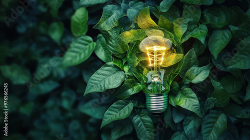 Wallpaper Mural Light bulb glowing among green leaves, symbolizing eco-friendly energy. Torontodigital.ca