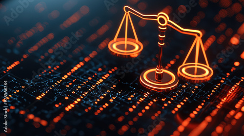 image features digital representation of balance scale, symbolizing justice, set against backdrop of binary code. This visual conveys integration of technology and moral analysis in modern justice sy photo