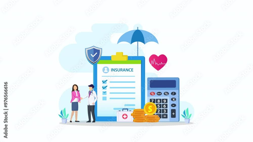 Animation video 2d clip 4k of Health insurance concept. Big clipboard with document on it under the umbrella. Animation video 2d clip 4k of Health insurance concept. Big clipboard with document on it under the umbrella.