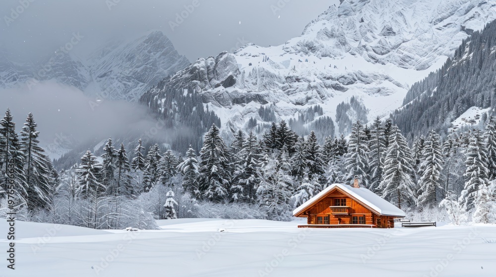 Fototapeta premium A cozy cabin with a snowy mountain backdrop in a winter wonderland