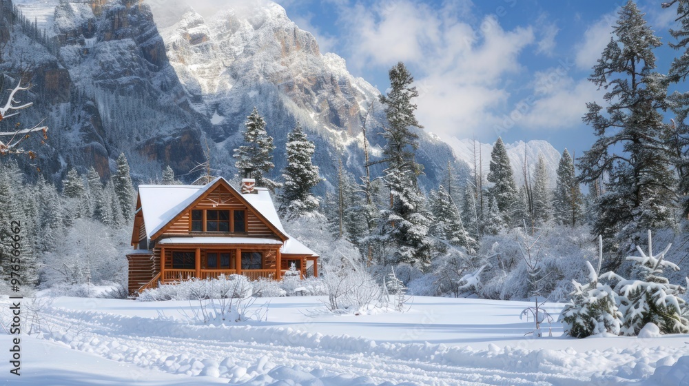 A cozy cabin with a snowy mountain backdrop in a winter wonderland A cozy cabin with a snowy mountain backdrop in a winter wonderland