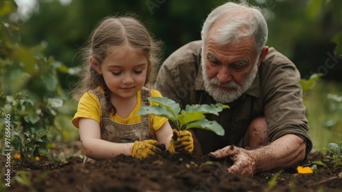 Grandfather and Granddaughter Planting a Sapling