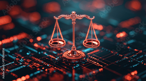 A close up of glowing justice system symbol balancing on digital circuit background, representing intersection of law and technology. image evokes sense of fairness and modernity photo