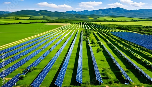 Vast solar panel array gleaming under a clear blue sky in a lush green field, highlighting the synergy of renewable energy technology and environmental sustainability. photo