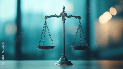 A close up of justice reform symbol featuring glowing scales of balance, representing fairness and equality in legal system. serene background enhances significance of justice