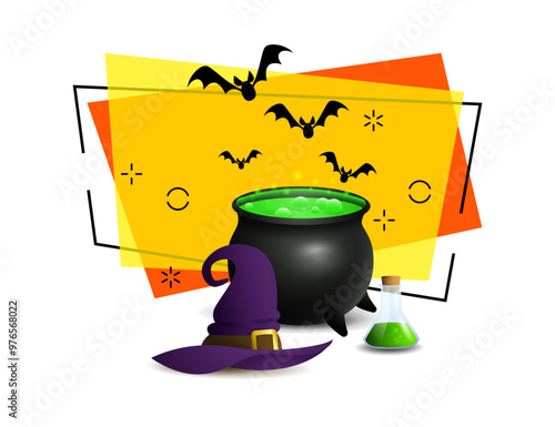 Witch hat, big caldron with potion and flask with poison. Halloween banner design with flying bats on abstract background. Vector illustration can be used for invitations, posters, postcards
