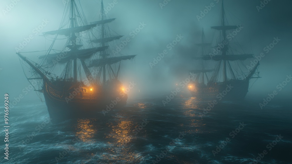Fototapeta premium Ghostly Haunted Ship Sailing through Foggy Ocean in Unreal Engine - Eerie Night Scene with Glowing Lanterns and Ghostly Figures
