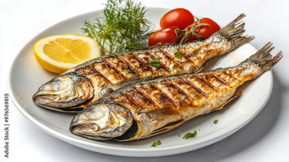 grilled dorada fish on a white late with lemons and rosemary grilled dorada fish on a white late with lemons and rosemary