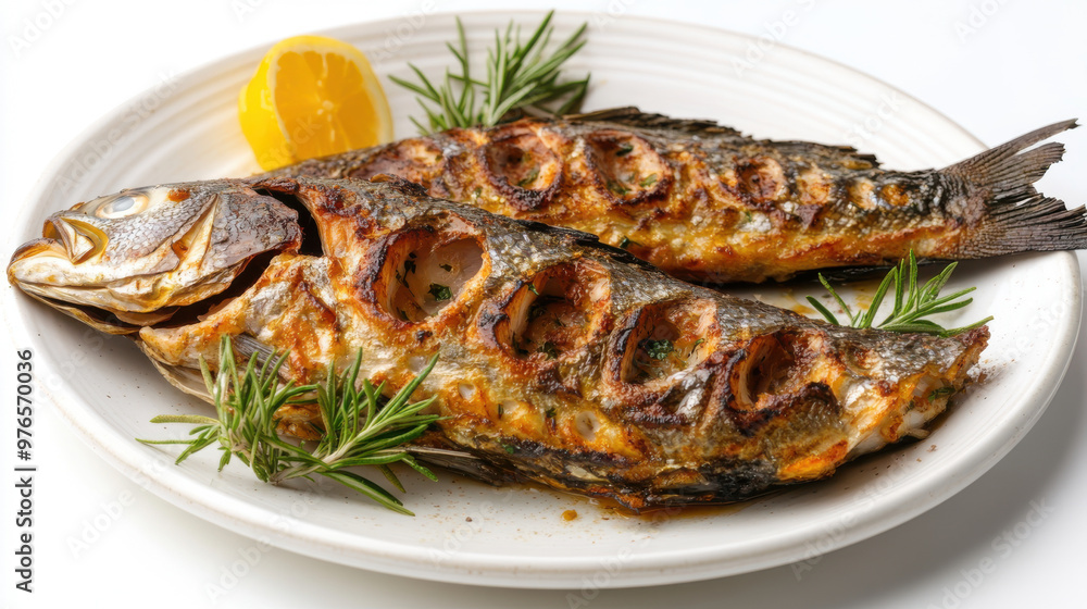 grilled dorada fish on a white late with lemons and rosemary grilled dorada fish on a white late with lemons and rosemary