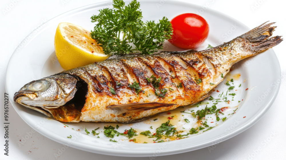 grilled dorada fish on a white late with lemons and rosemary grilled dorada fish on a white late with lemons and rosemary