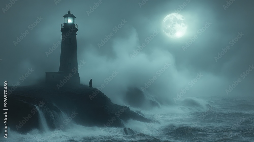 Ghostly Haunted Lighthouse: Eerie Scene of a Spectral Figure on Cliff Edge with Moonlight Glow and Crashing Waves Ghostly Haunted Lighthouse: Eerie Scene of a Spectral Figure on Cliff Edge with Moonlight Glow and Crashing Waves