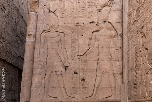 wall Reliefs at the Temple of Edfu at Aswan Egypt. photo