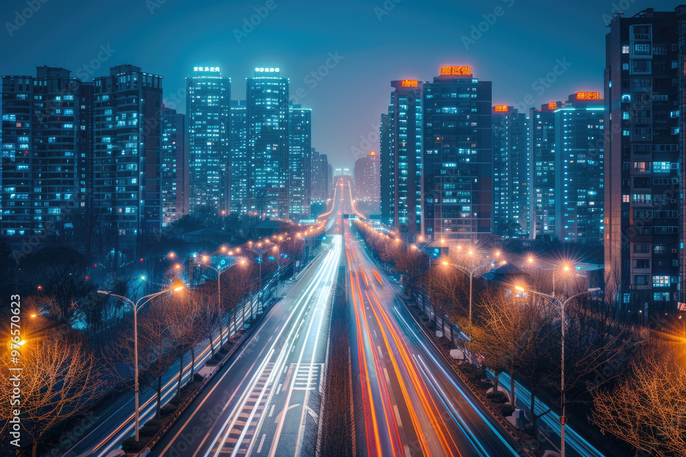 Obraz premium At night, the light trajectory of the taillights of fast-moving vehicles on city roads