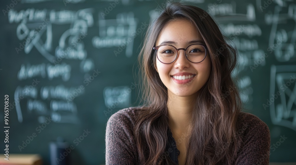 Smiling young asian female student wearing glasses, standing in front of a chalkboard filled with mathematical equations and diagrams Smiling young asian female student wearing glasses, standing in front of a chalkboard filled with mathematical equations and diagrams