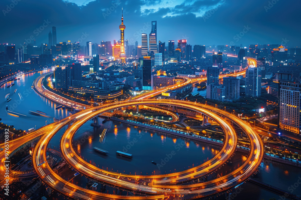 Fototapeta premium At night, bird's-eye view of urban overpasses