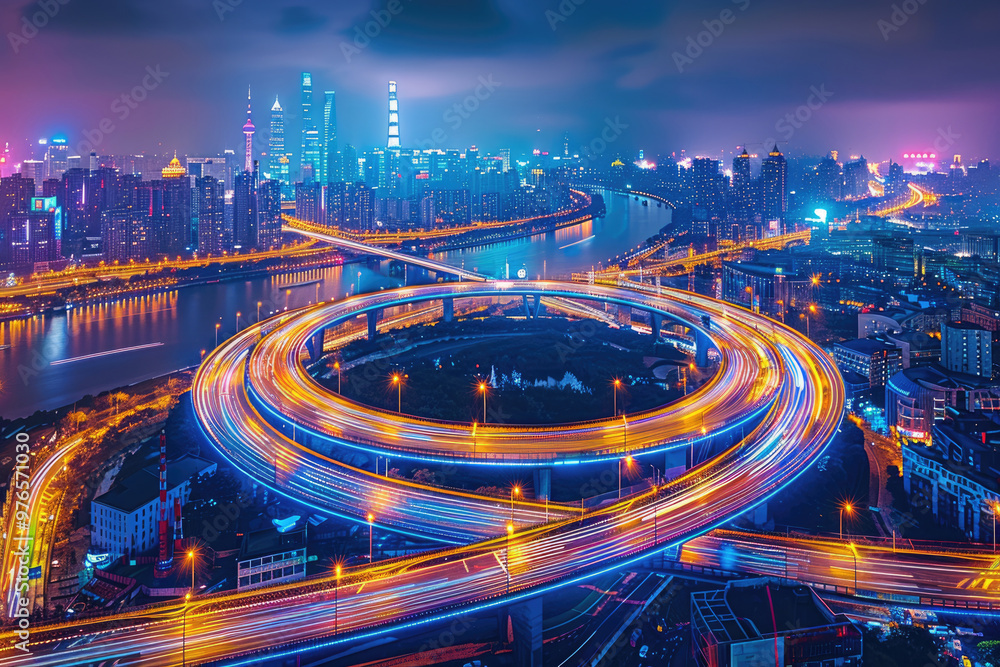 Fototapeta premium At night, bird's-eye view of urban overpasses