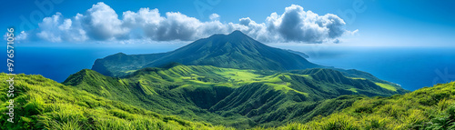 Green Volcanic Island Landscape with Ocean View - Photo