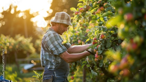 Fototapeta Naklejka Na Ścianę i Meble -  A farm worker picking fruits from an orchard tree.