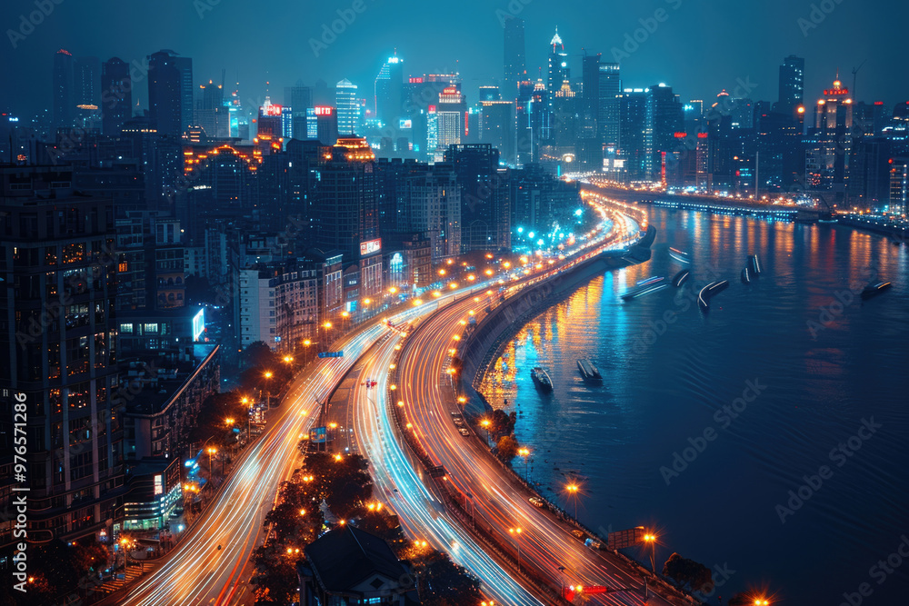 Obraz premium At night, bird's-eye view of urban overpasses