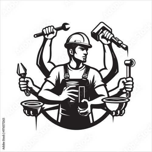 Construction worker or maintenance man multitasking vector illustration silhouette