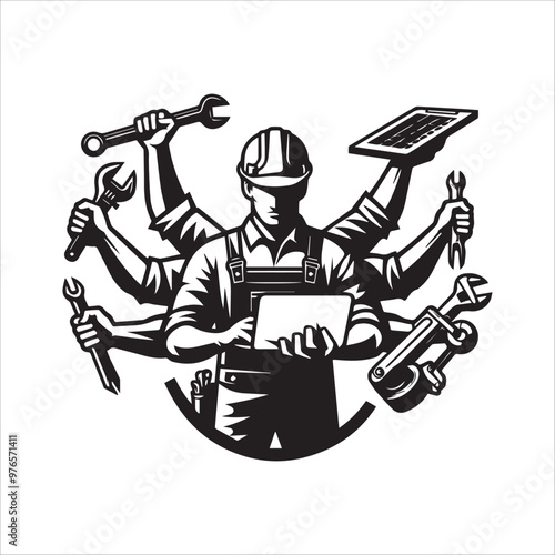 Construction worker or maintenance man multitasking vector illustration silhouette