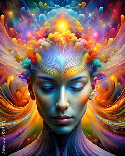 Serene Radiance: A woman's face bathed in vibrant, swirling colors, representing a fusion of energy, serenity, and inner peace. Her eyes closed.