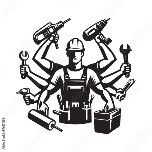 Construction worker or maintenance man multitasking vector illustration silhouette