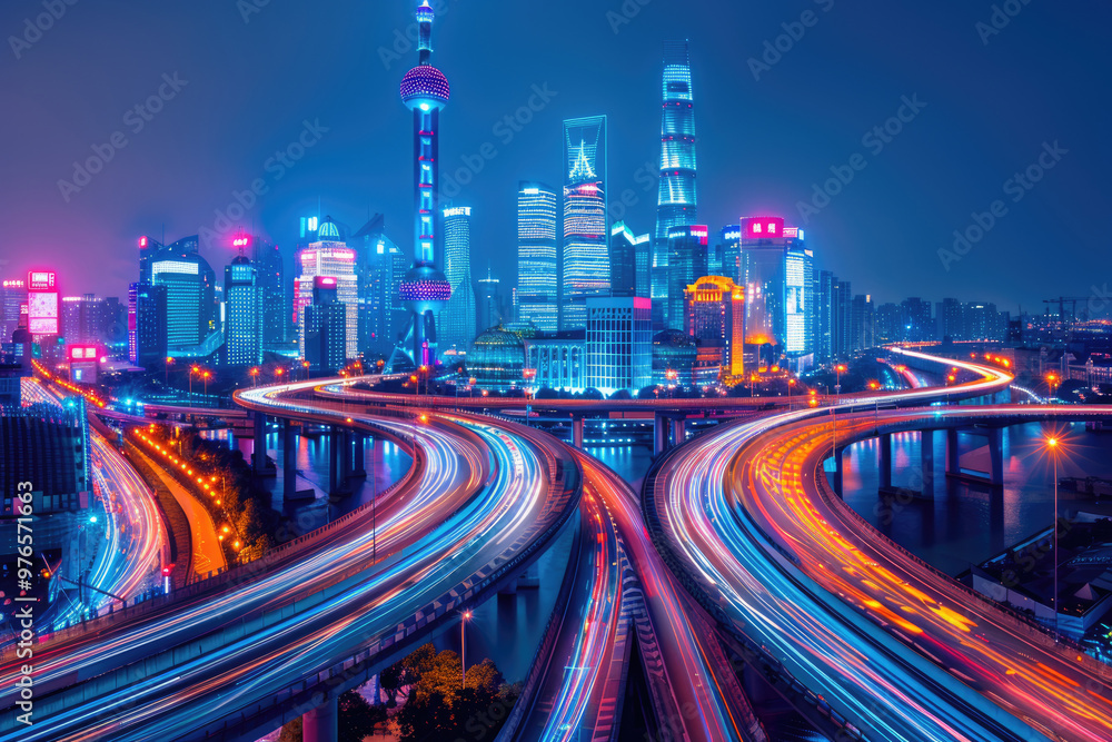 Fototapeta premium At night, bird's-eye view of urban overpasses