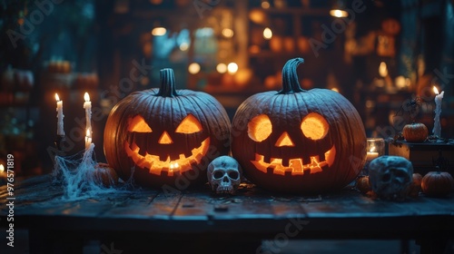 Spooky Halloween Jack-o'-lanterns Illuminated by Candlelight on Wooden Table with Skulls and Spider Webs - Moody Lighting Close-up Shot