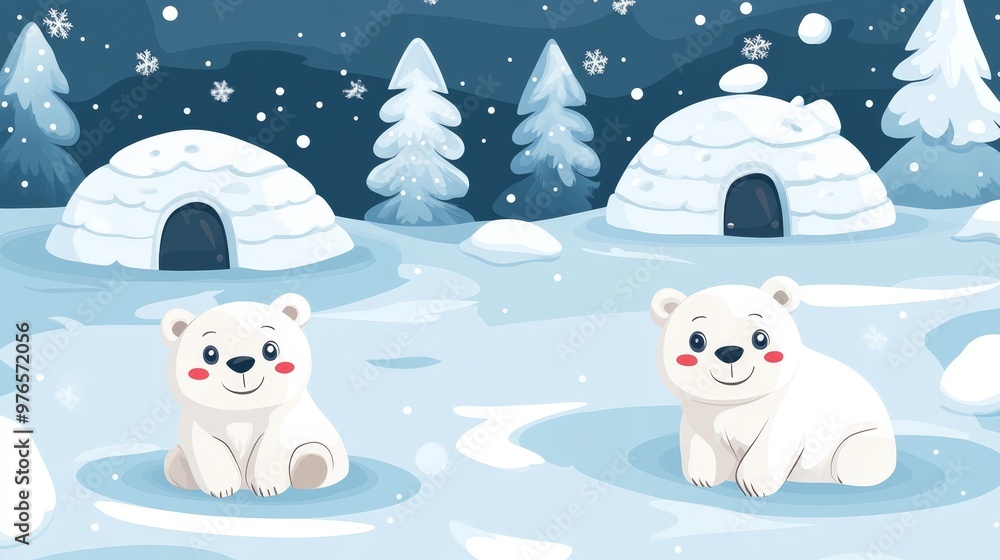Adorable Polar Bears in Winter Wonderland with Igloos and Snowfall Adorable Polar Bears in Winter Wonderland with Igloos and Snowfall