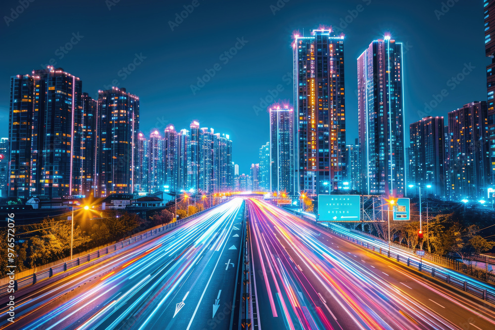 Fototapeta premium At night, the light trajectory of the taillights of fast-moving vehicles on city roads