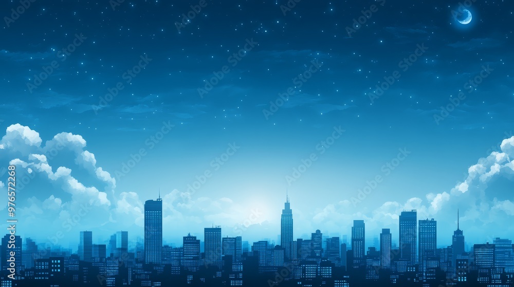 Fototapeta premium Night Cityscape with Moon and Stars
