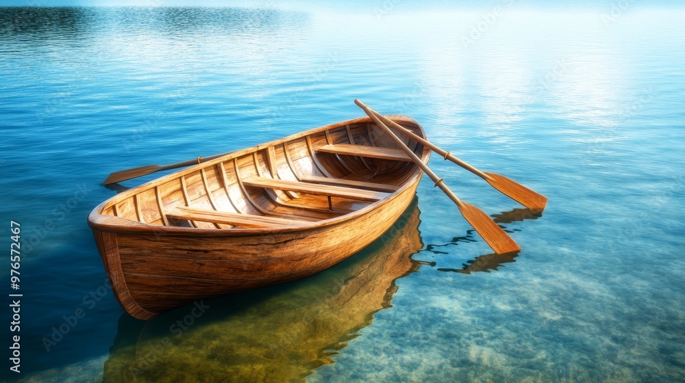 Wooden Rowboat on Calm Water with Oars