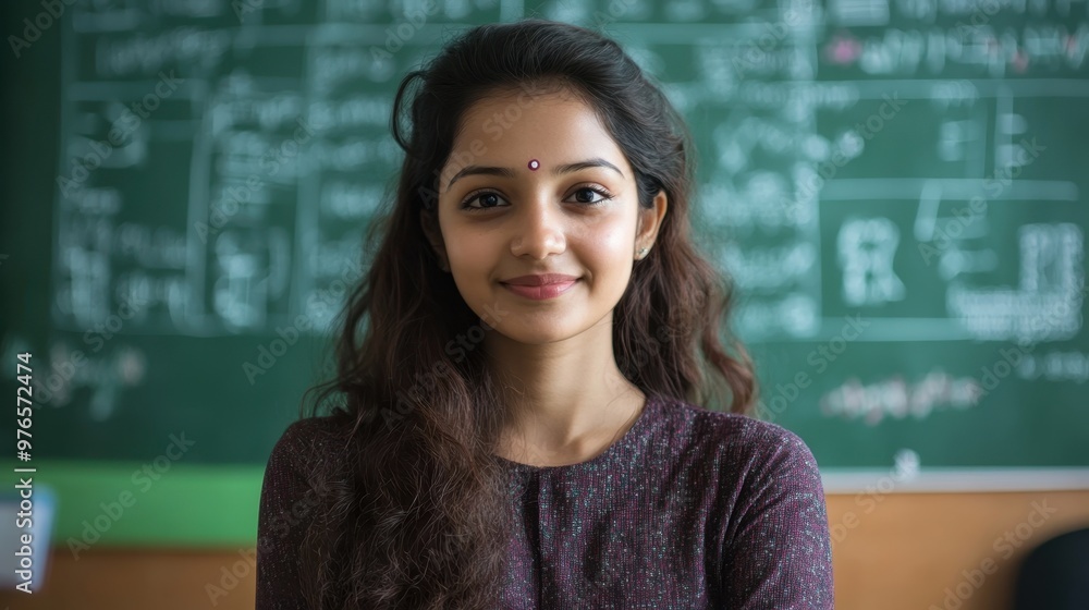 Portrait of an Indian female teacher smiling in a classroom Portrait of an Indian female teacher smiling in a classroom