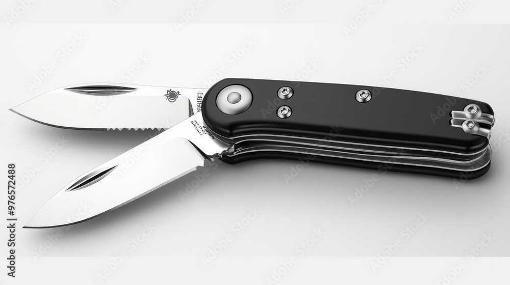 A sleek folding knife with dual blades and a black handle. A sleek folding knife with dual blades and a black handle.