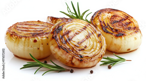 delicious caramelized onion with parsley on a white plate macro. horizontal