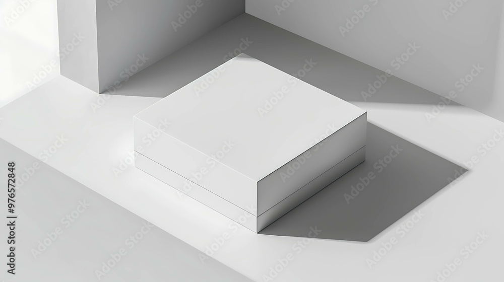 A blank, white box on a white platform, with shadows cast from a window above. A blank, white box on a white platform, with shadows cast from a window above.