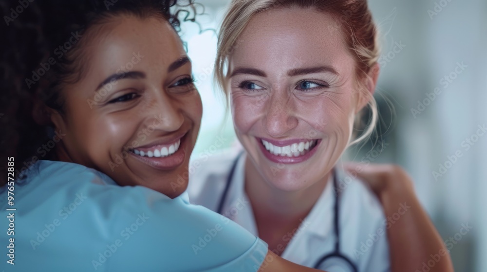 A female nurse smiling and comforting a patient. A female nurse smiling and comforting a patient.