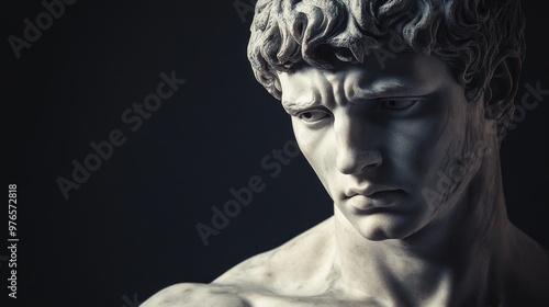 Roman marble statue of a 21-year-old teen young man, focused, angry like, planning revenge face, focused on the face, toned physique, black minimal background