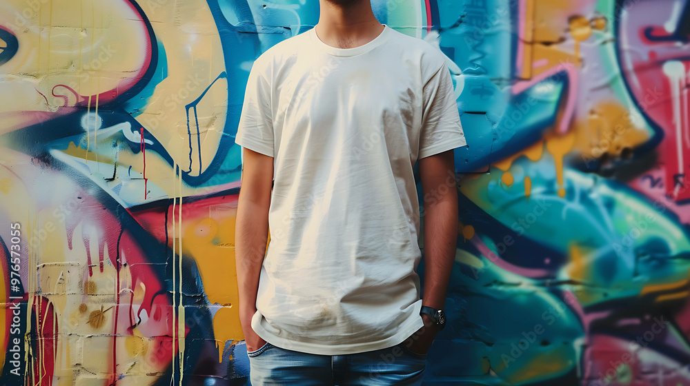 Fototapeta premium A man in a white t-shirt stands in front of a graffiti wall.