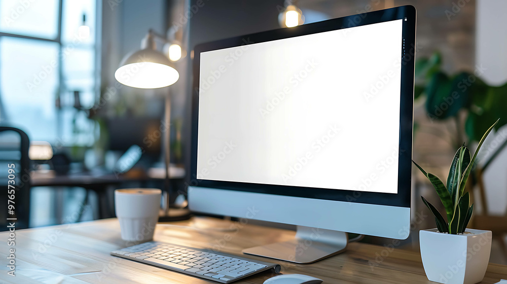A close-up of a computer screen with a blank white display, on a desk in an office setting. A close-up of a computer screen with a blank white display, on a desk in an office setting.