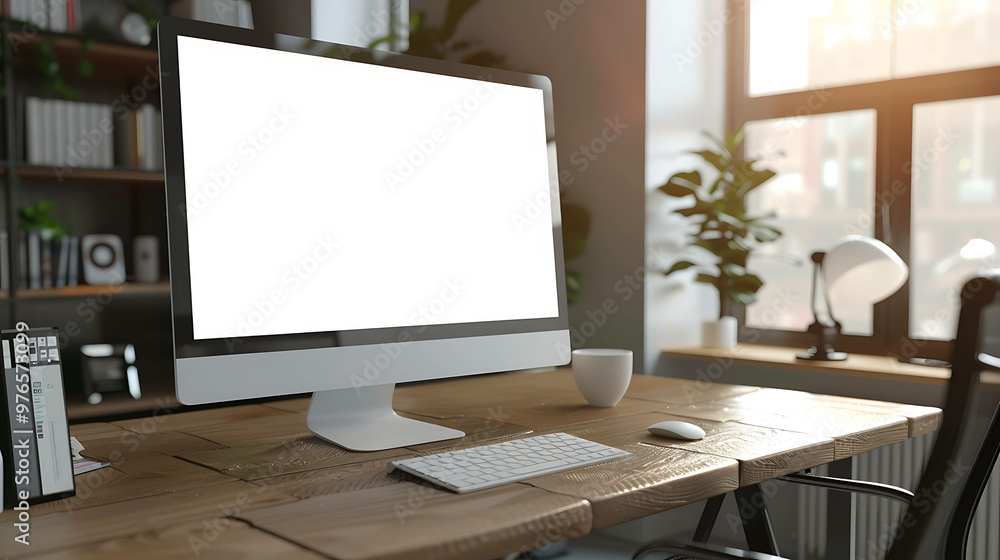 Modern workspace with blank computer screen on desk. Modern workspace with blank computer screen on desk.