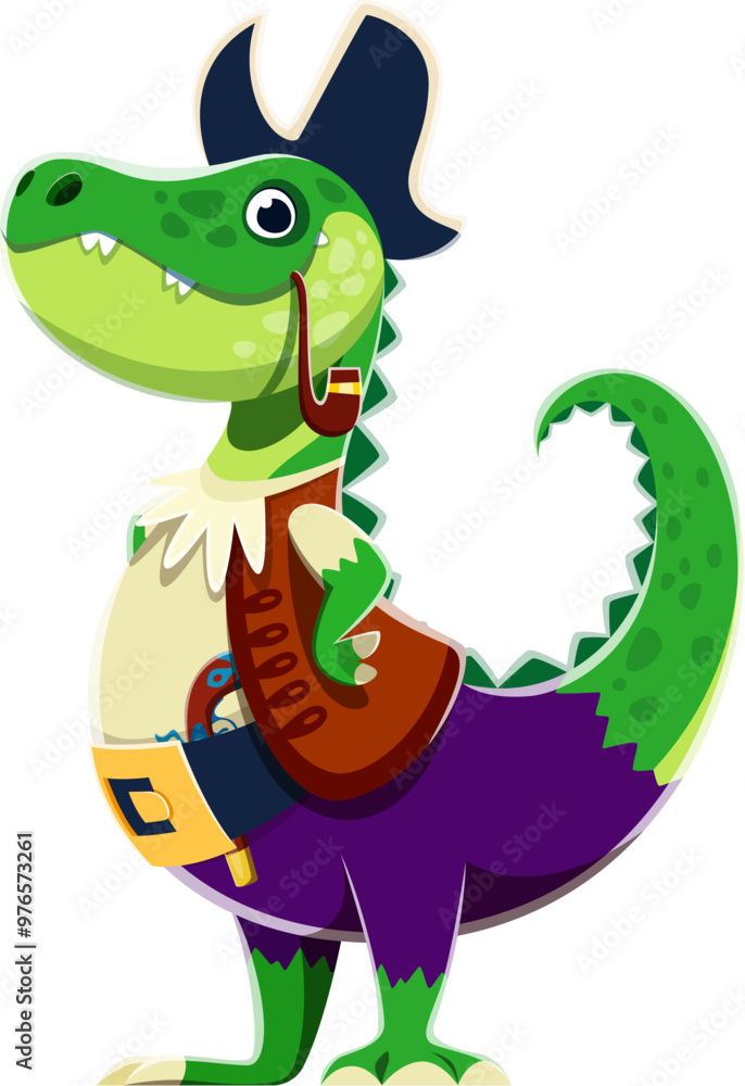 Obraz premium Cartoon crocodile animal pirate character. Captain or skipper croc corsair vector personage smoking pipe. Cute alligator crocodile character in sea captain costume with hat, funny reptile animal