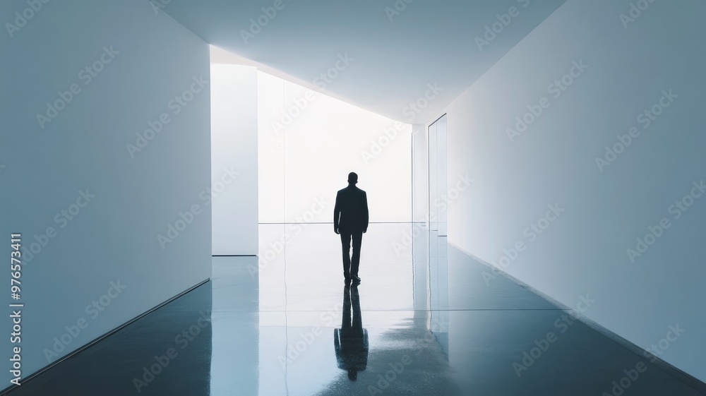 Man in suit walking minimalistic, white hallway Man in suit walking minimalistic, white hallway