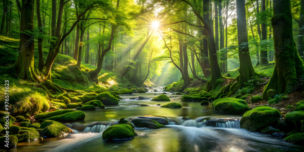 Fototapeta premium Emerald Serenity: Sun-Kissed Stream Flows Through a Verdant Forest 