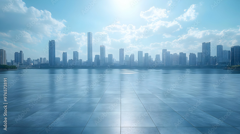 Empty Square Floor and City Skyline Photo Empty Square Floor and City Skyline Photo