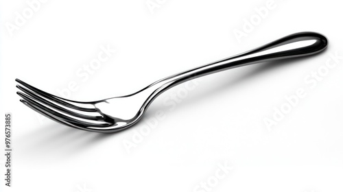 A shiny stainless steel fork resting on a white surface. photo