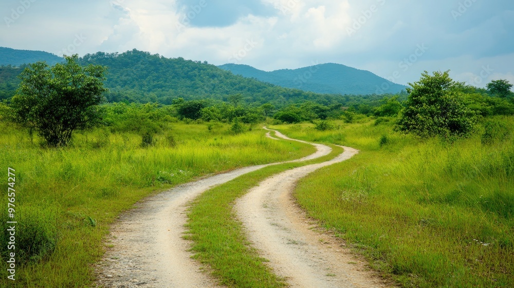 Winding dirt road cuts through lush green grass with forested hills and cloudy sky in background Winding dirt road cuts through lush green grass with forested hills and cloudy sky in background